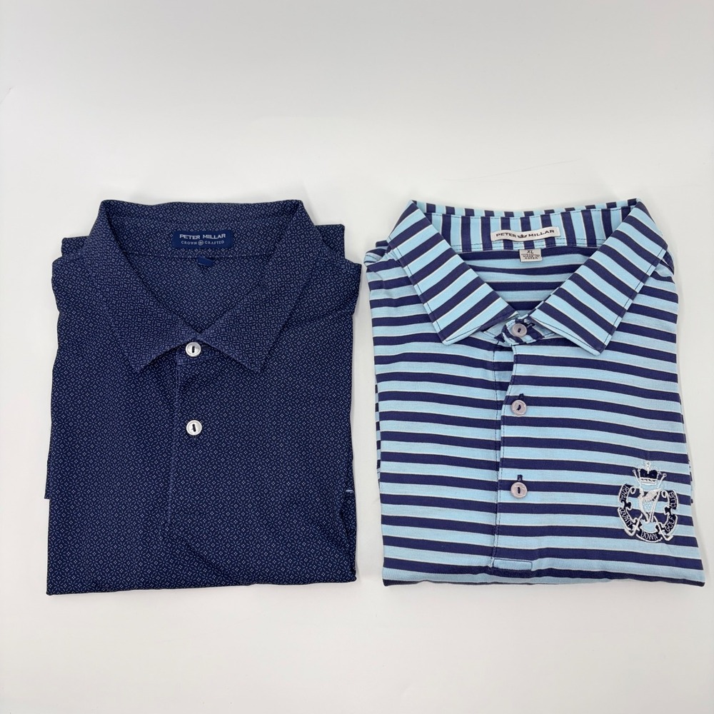 Peter Millar Polo Shirts XL 2 Lot Golf Blue Stripe Geometric Country Club